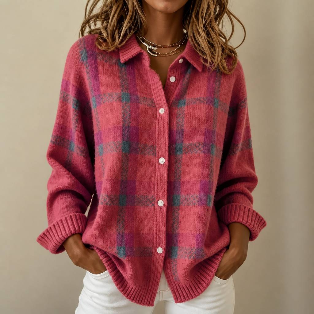 Cardigan Donna Tartan in Maglia con Colletto Camicia Bottoni