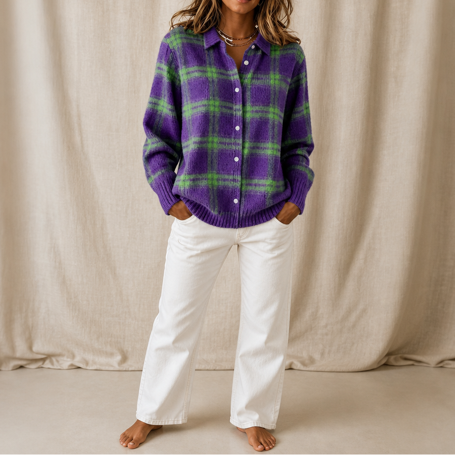 Cardigan Donna Tartan in Maglia con Colletto Camicia Bottoni
