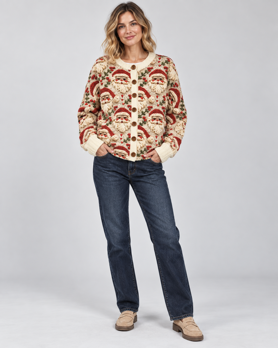 Cardigan Natalizio Donna con Babbo Natale e Bottoni
