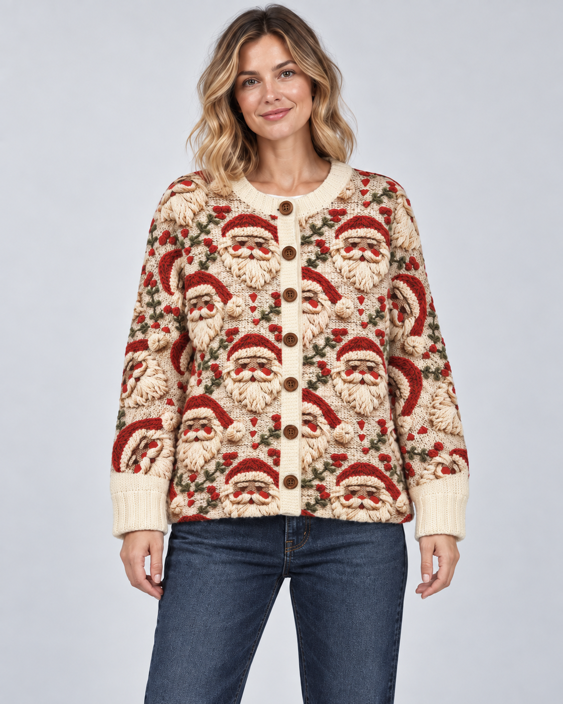 Cardigan Natalizio Donna con Babbo Natale e Bottoni