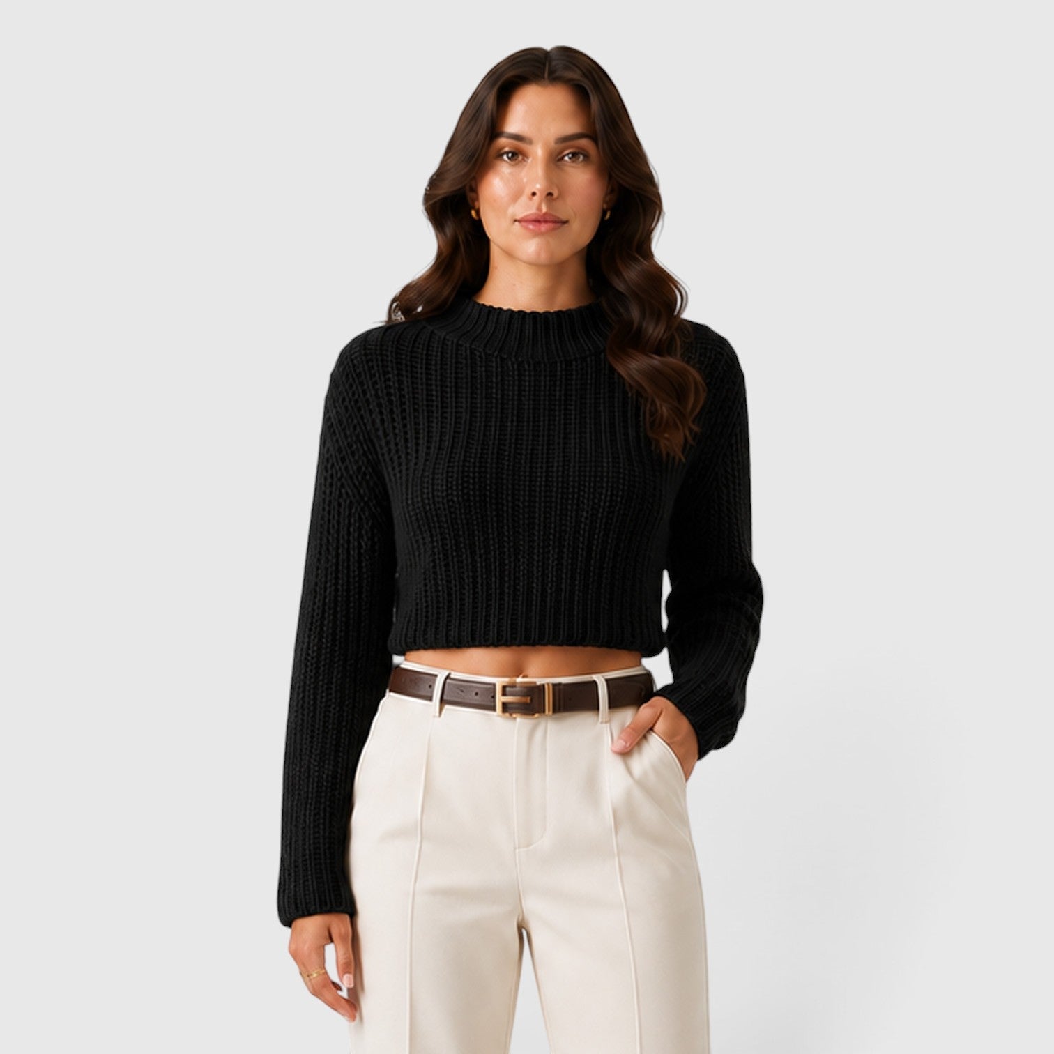 Maglione Donna Corto Mezzo Collo Alto Maniche a Campana