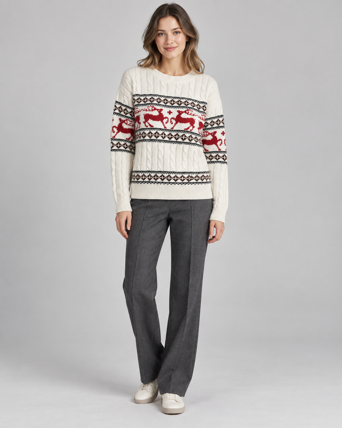 Maglione Natalizio Donna Aran a Trecce con Renne Fair Isle