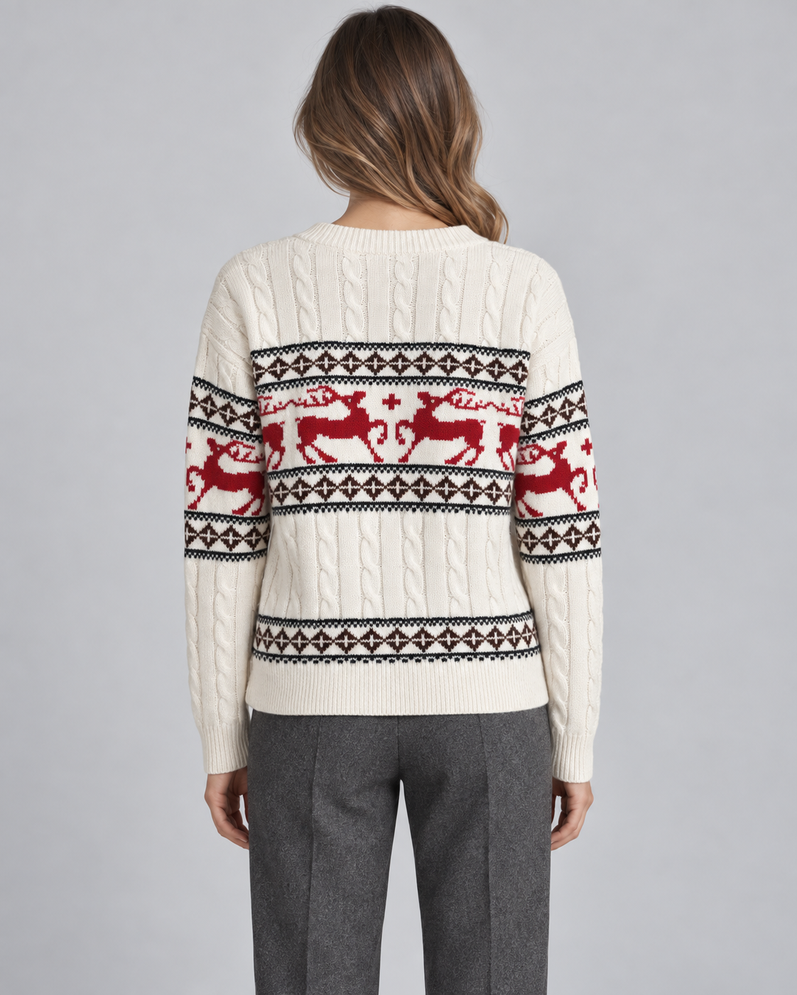 Maglione Natalizio Donna Aran a Trecce con Renne Fair Isle