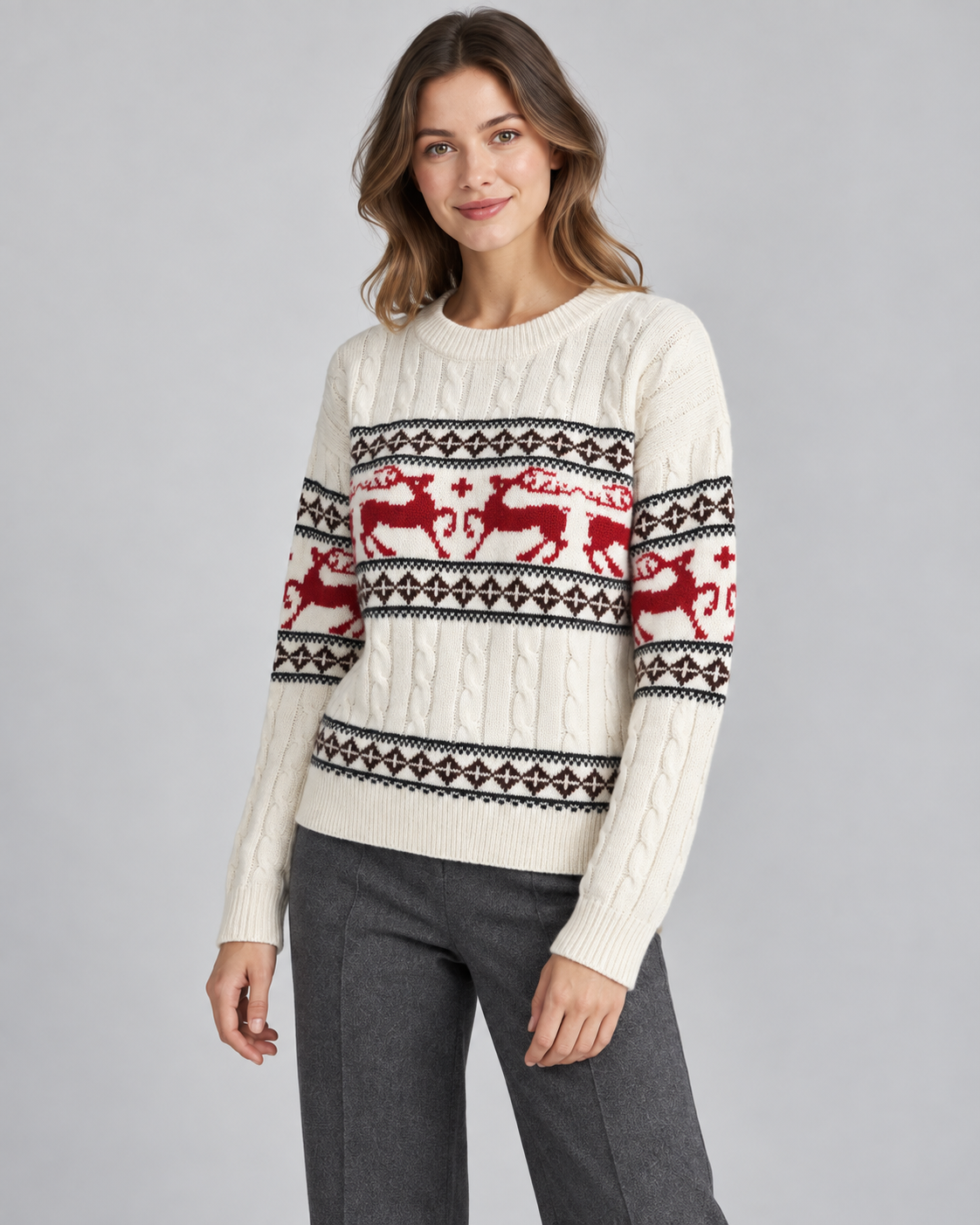 Maglione Natalizio Donna Aran a Trecce con Renne Fair Isle