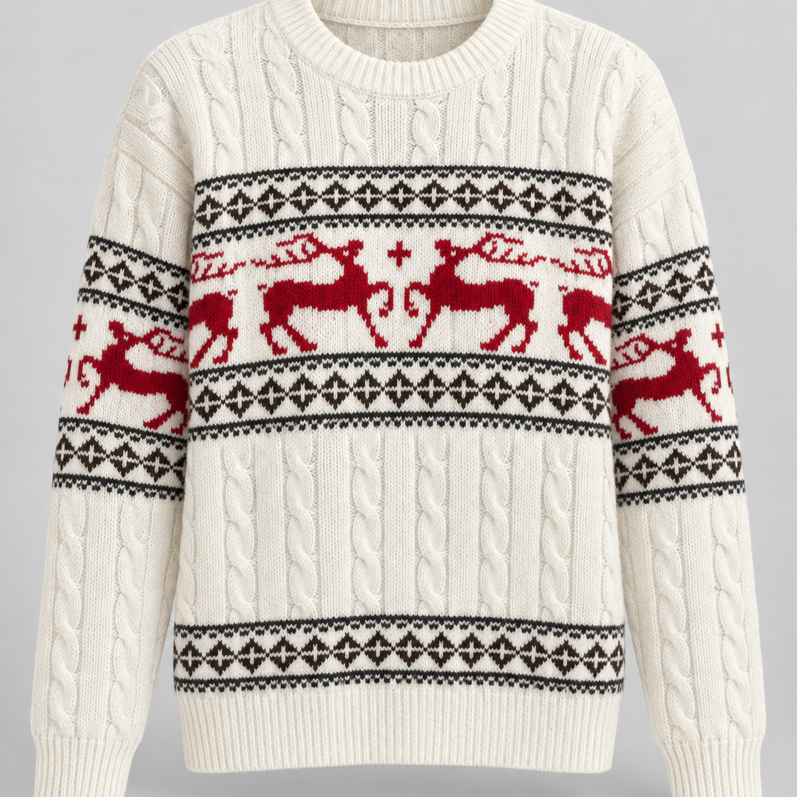 Maglione Natalizio Donna Aran a Trecce con Renne Fair Isle