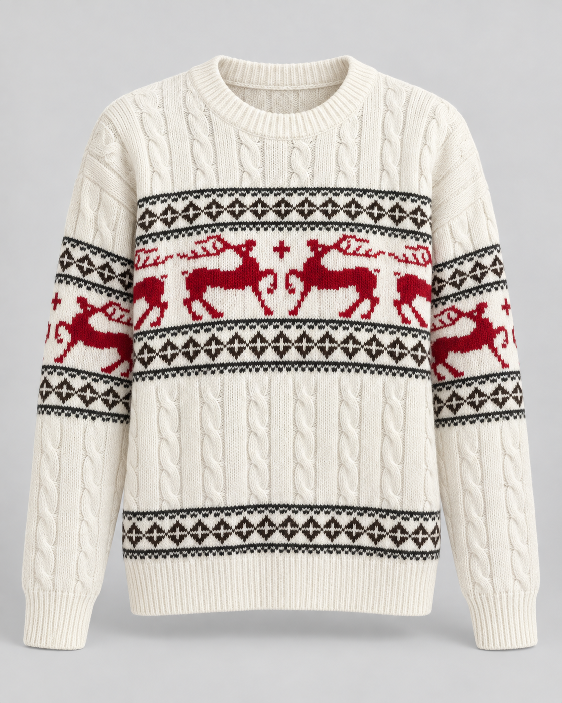 Maglione Natalizio Donna Aran a Trecce con Renne Fair Isle