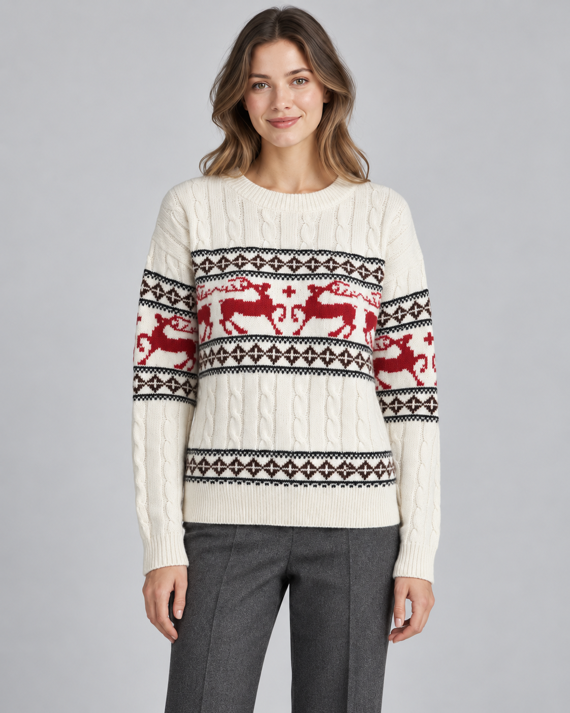 Maglione Natalizio Donna Aran a Trecce con Renne Fair Isle