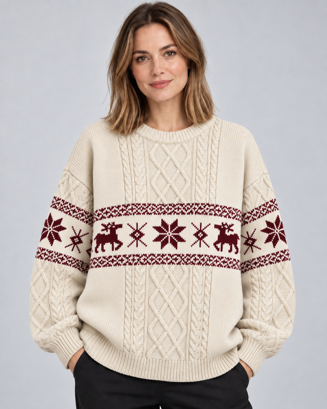 Maglione Natalizio Donna Oversize Trecce e Renne Tonali