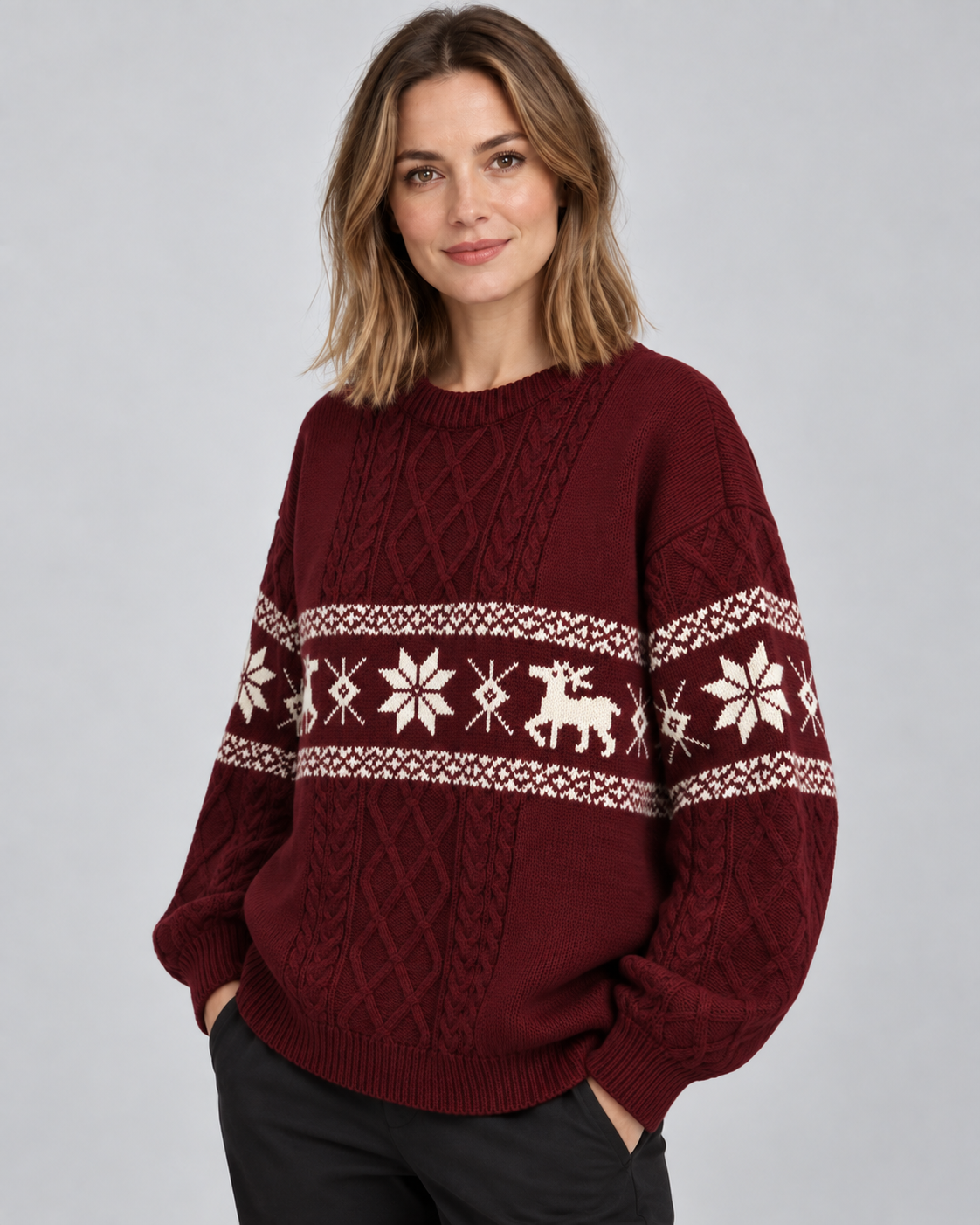 Maglione Natalizio Donna Oversize Trecce e Renne Tonali