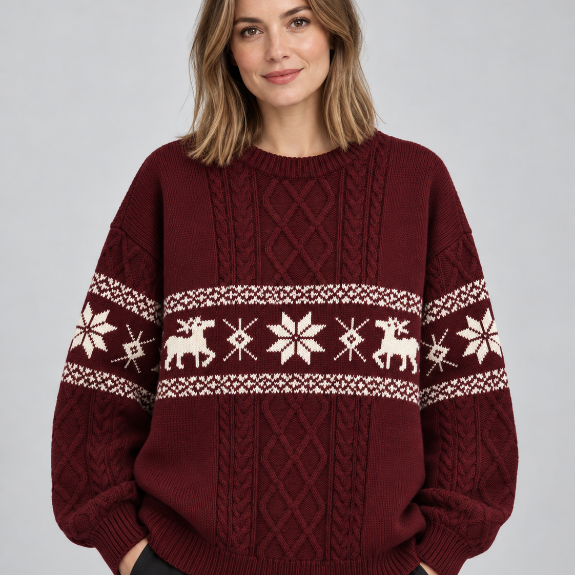Maglione Natalizio Donna Oversize Trecce e Renne Tonali