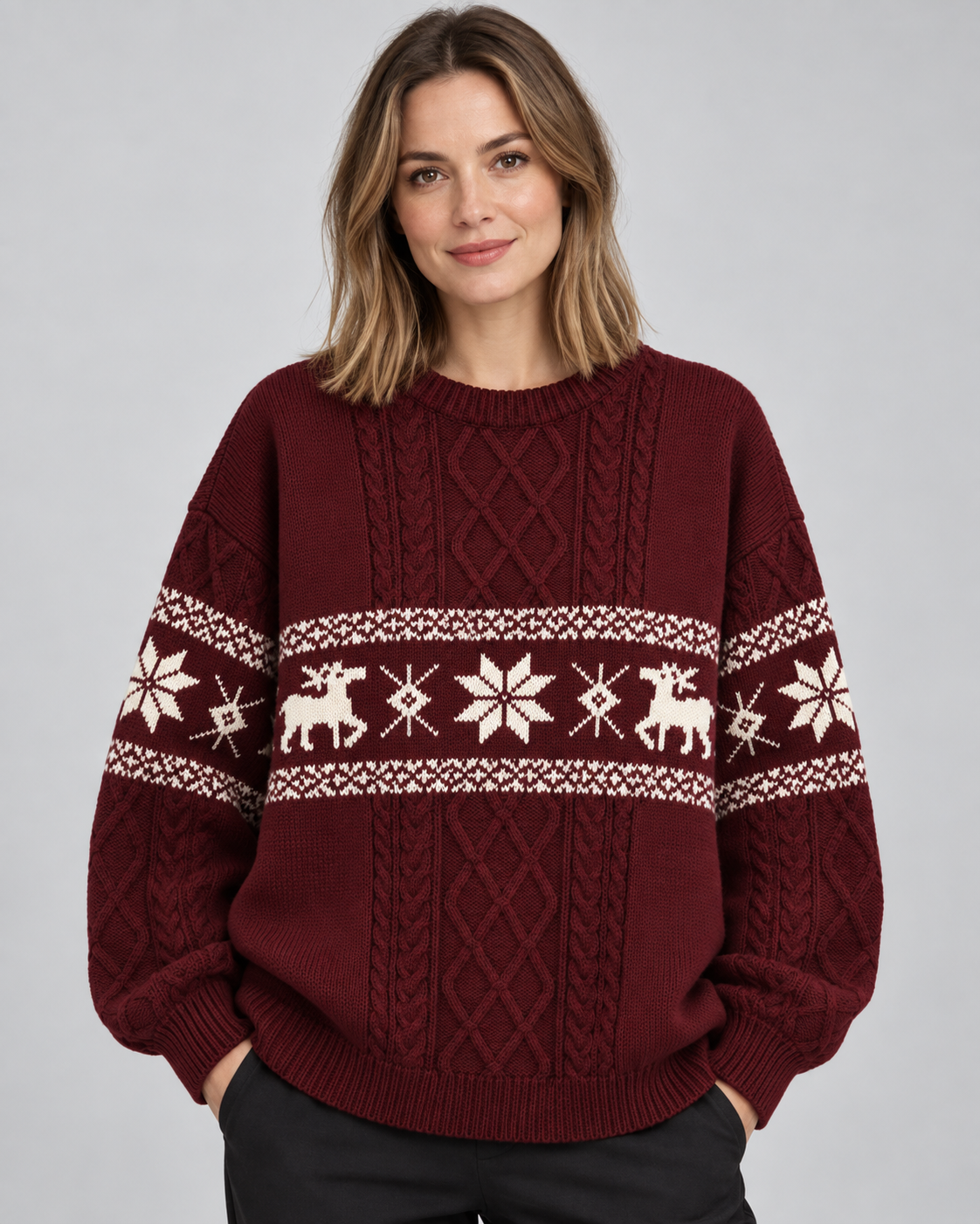 Maglione Natalizio Donna Oversize Trecce e Renne Tonali