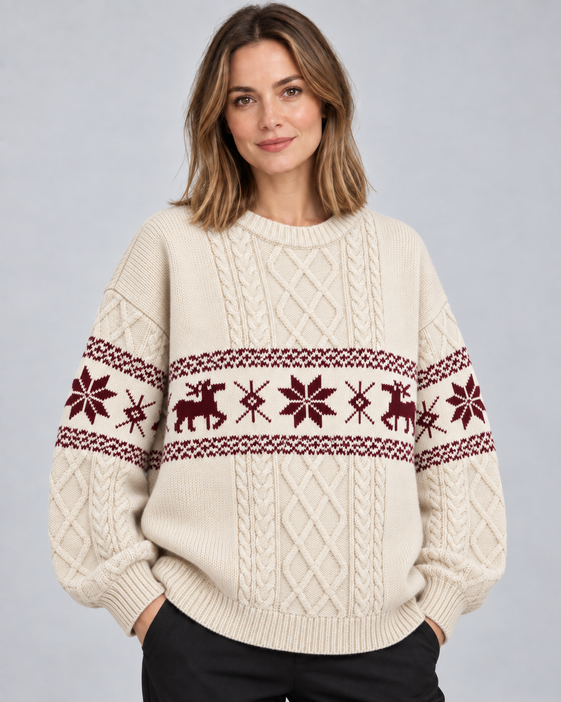 Maglione Natalizio Donna Oversize Trecce e Renne Tonali