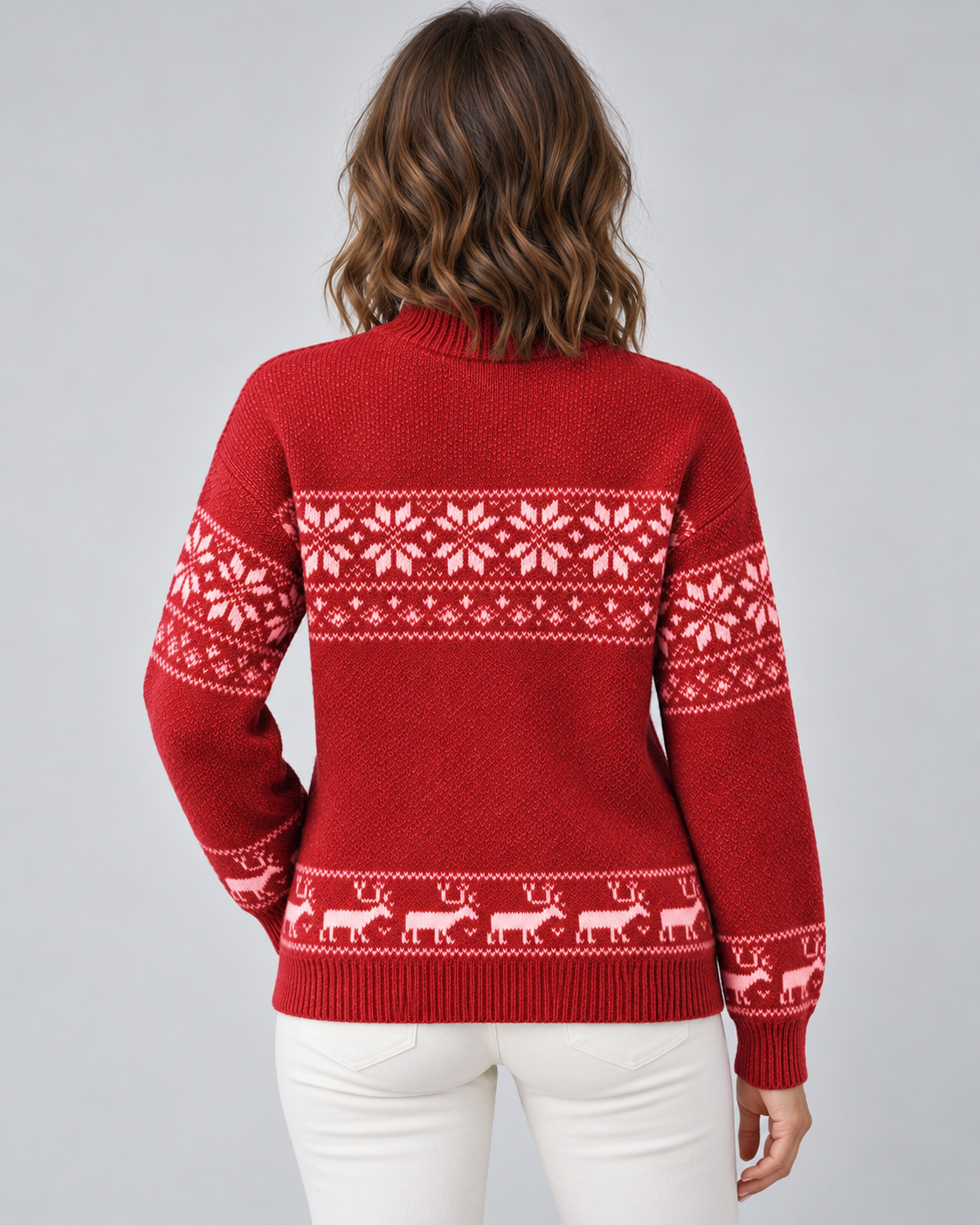 Maglione Natalizio Donna Fair Isle Collo Mock Renne sull'Orlo