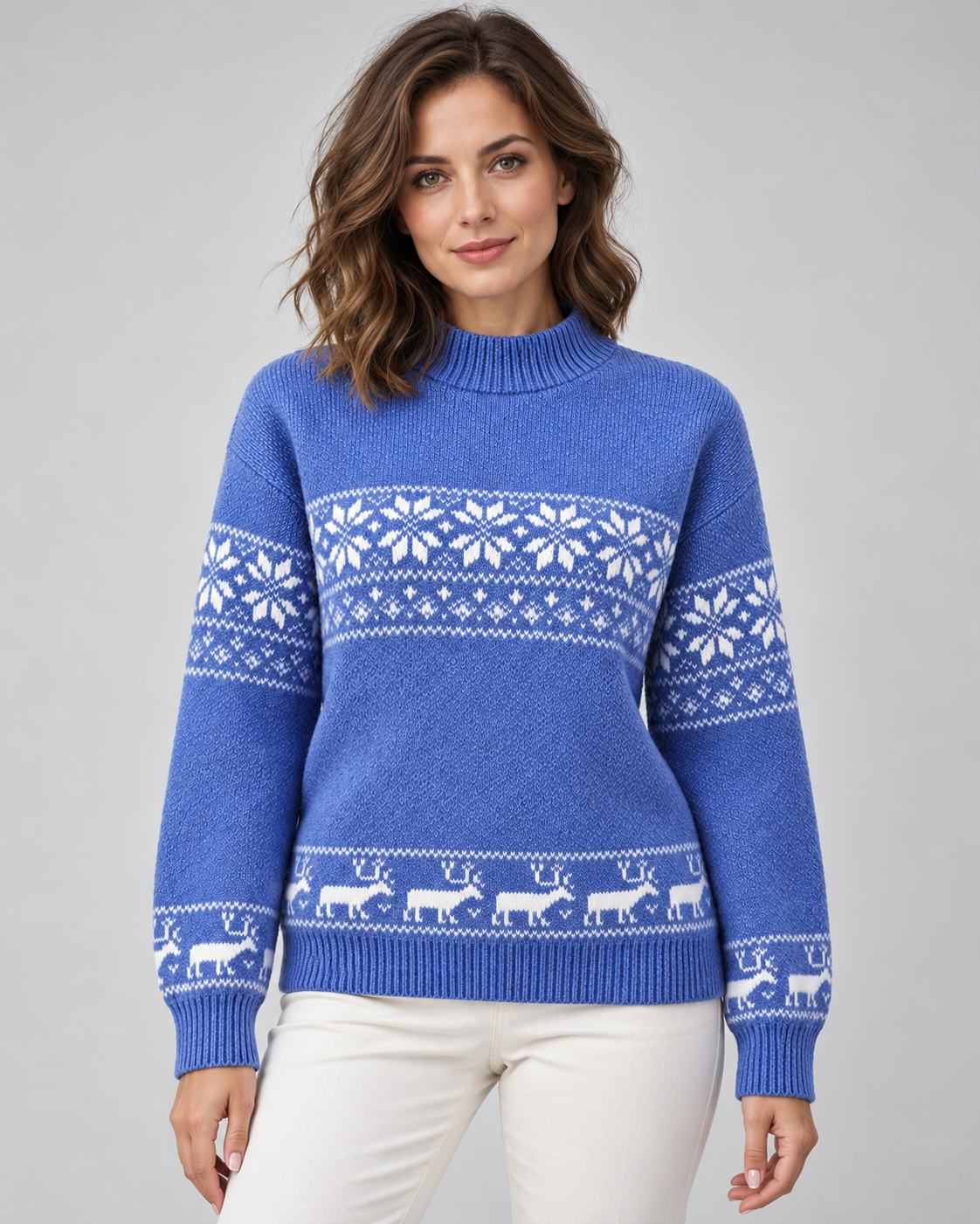 Maglione Natalizio Donna Fair Isle Collo Mock Renne sull'Orlo