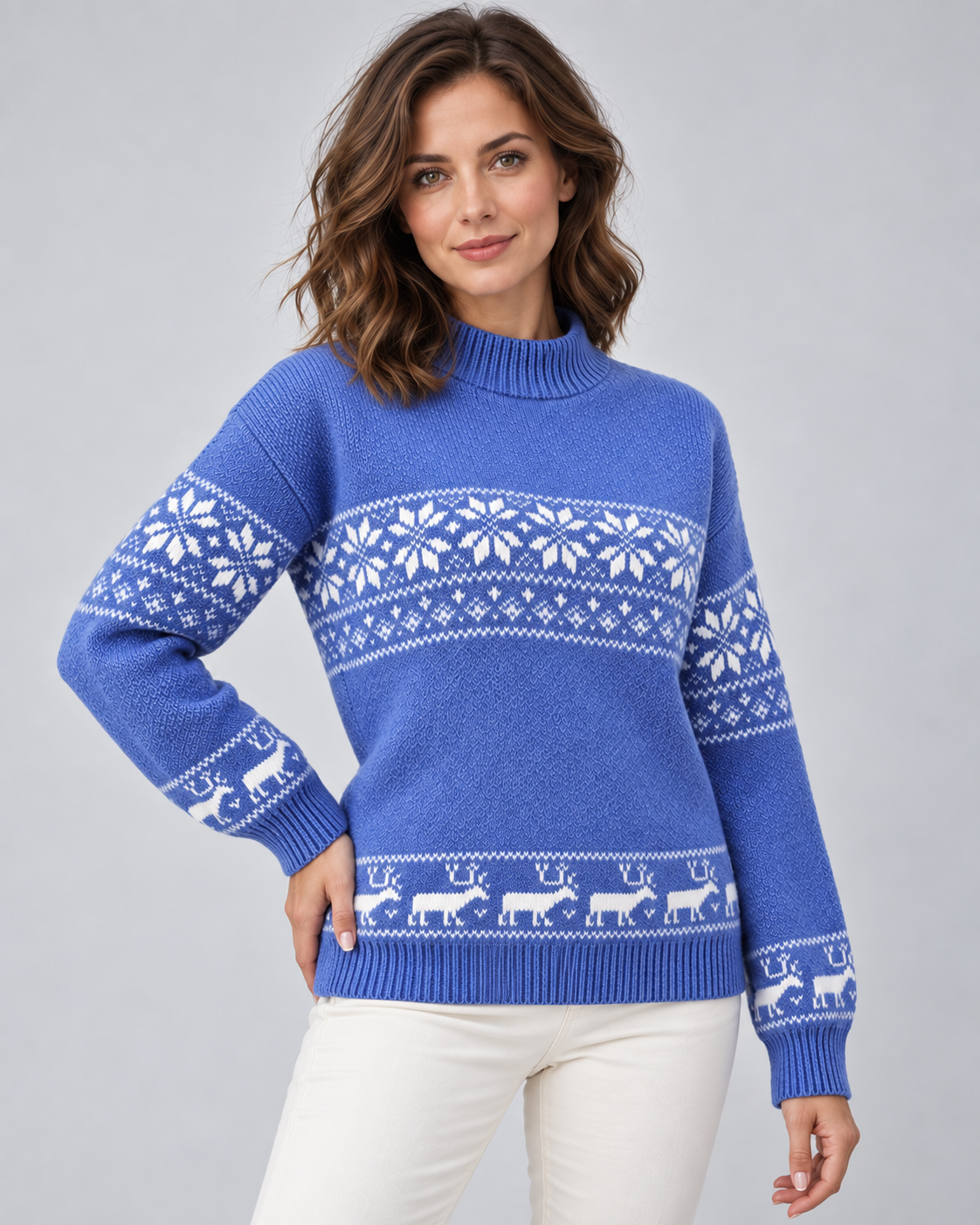 Maglione Natalizio Donna Fair Isle Collo Mock Renne sull'Orlo