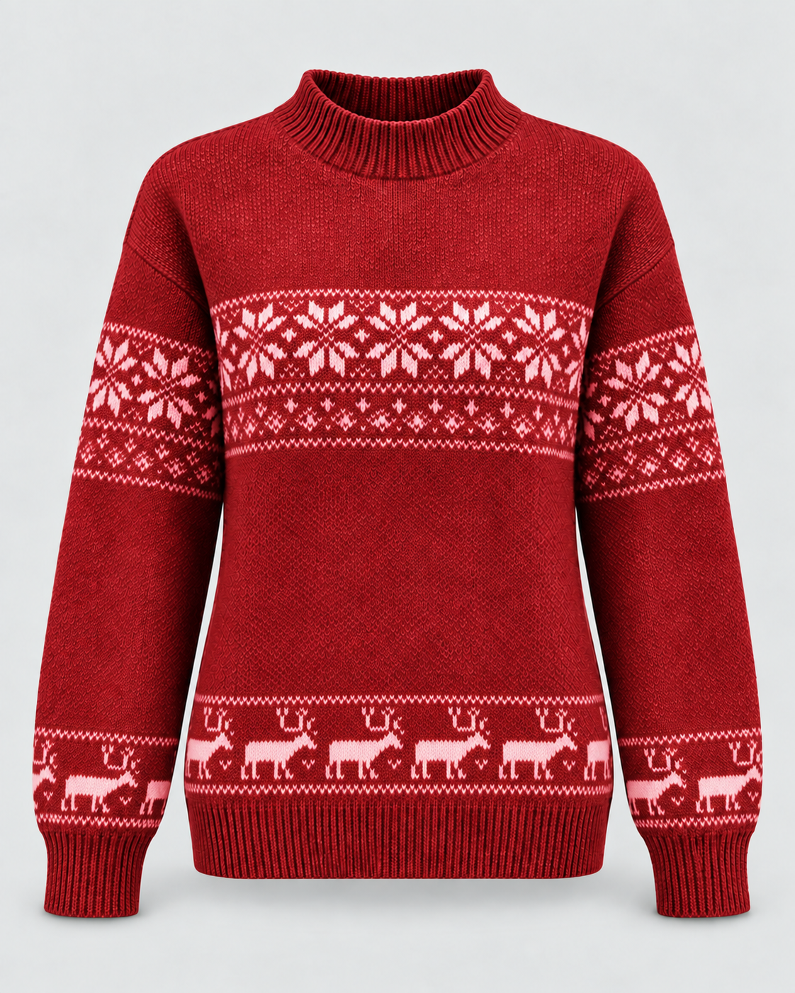 Maglione Natalizio Donna Fair Isle Collo Mock Renne sull'Orlo