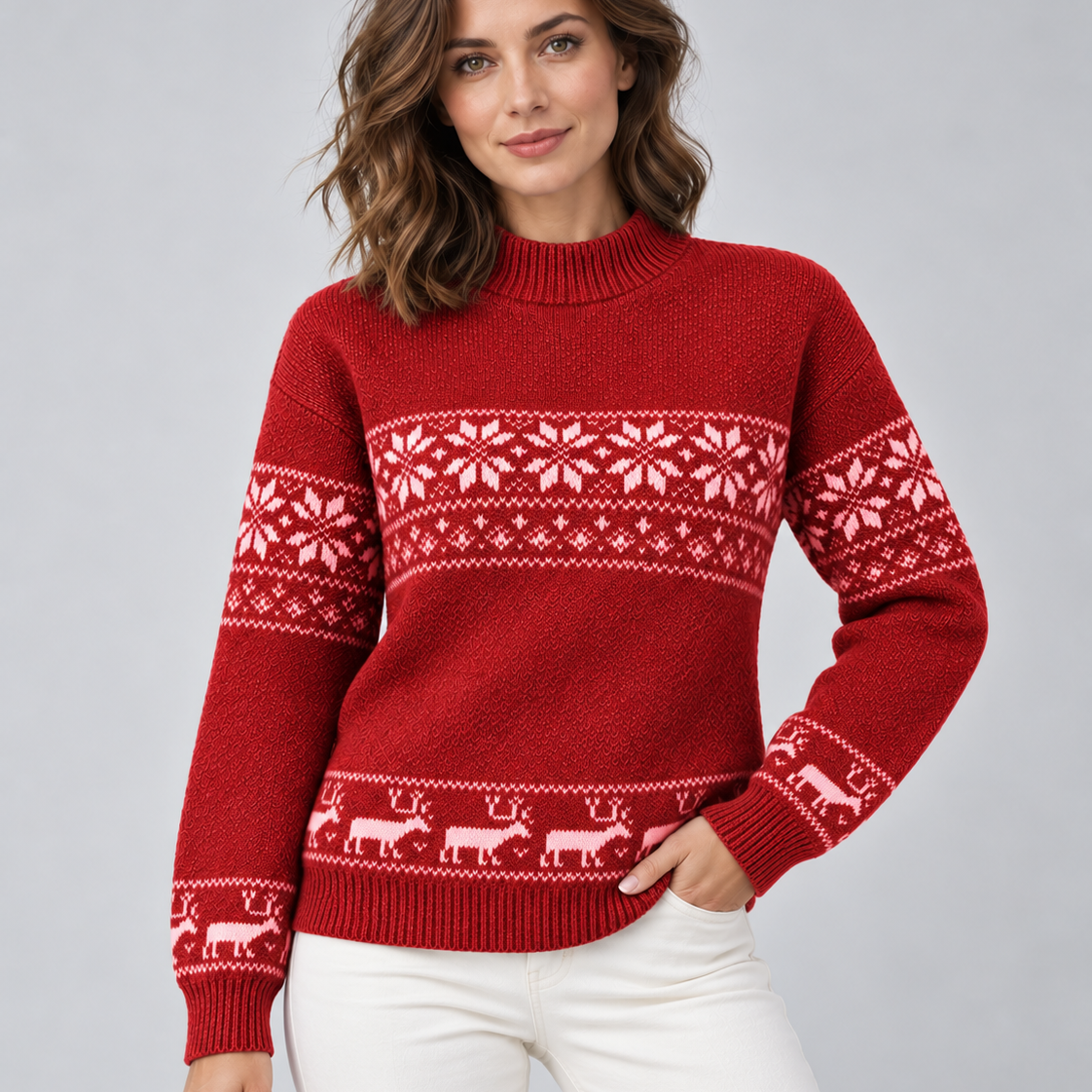 Maglione Natalizio Donna Fair Isle Collo Mock Renne sull'Orlo