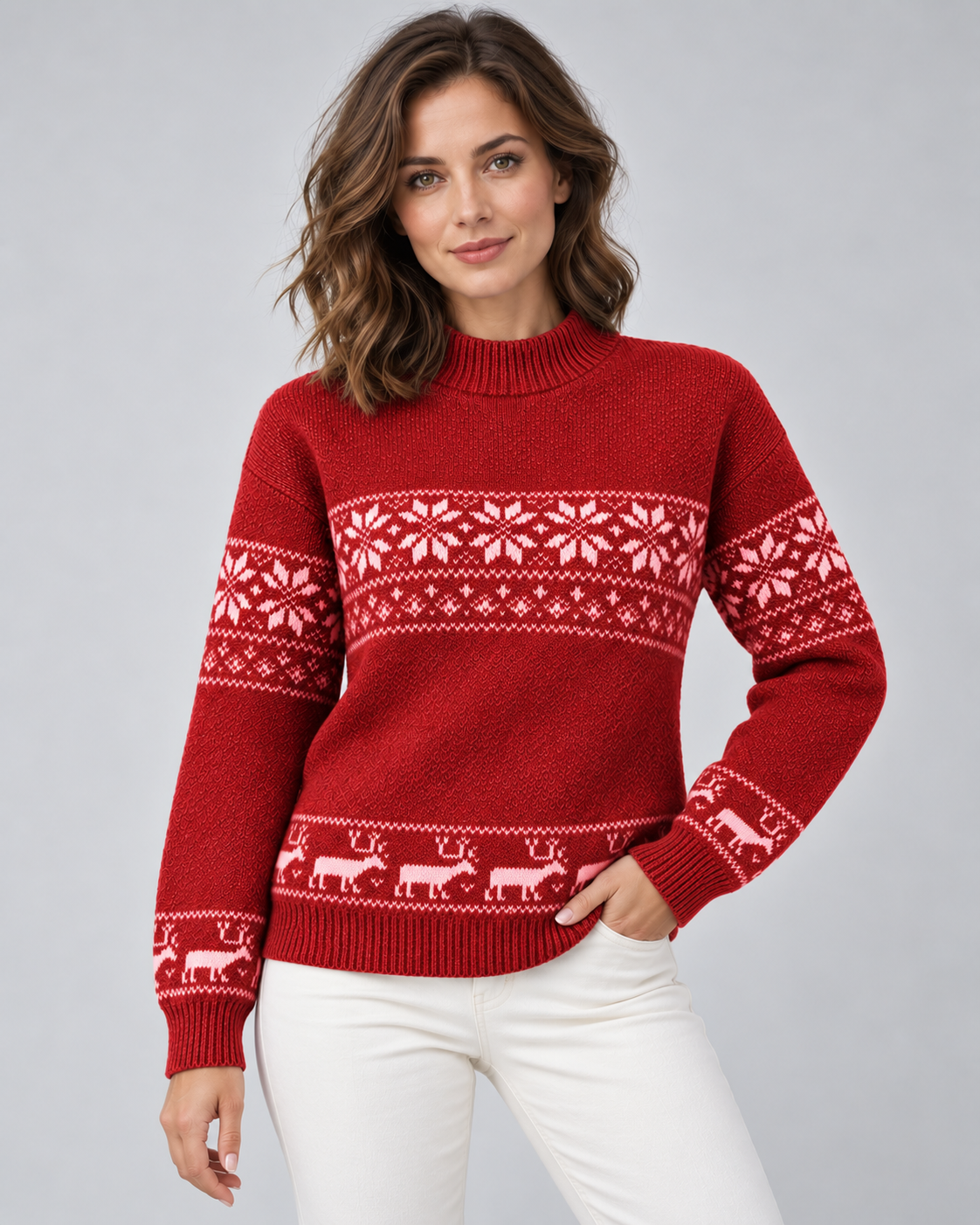 Maglione Natalizio Donna Fair Isle Collo Mock Renne sull'Orlo