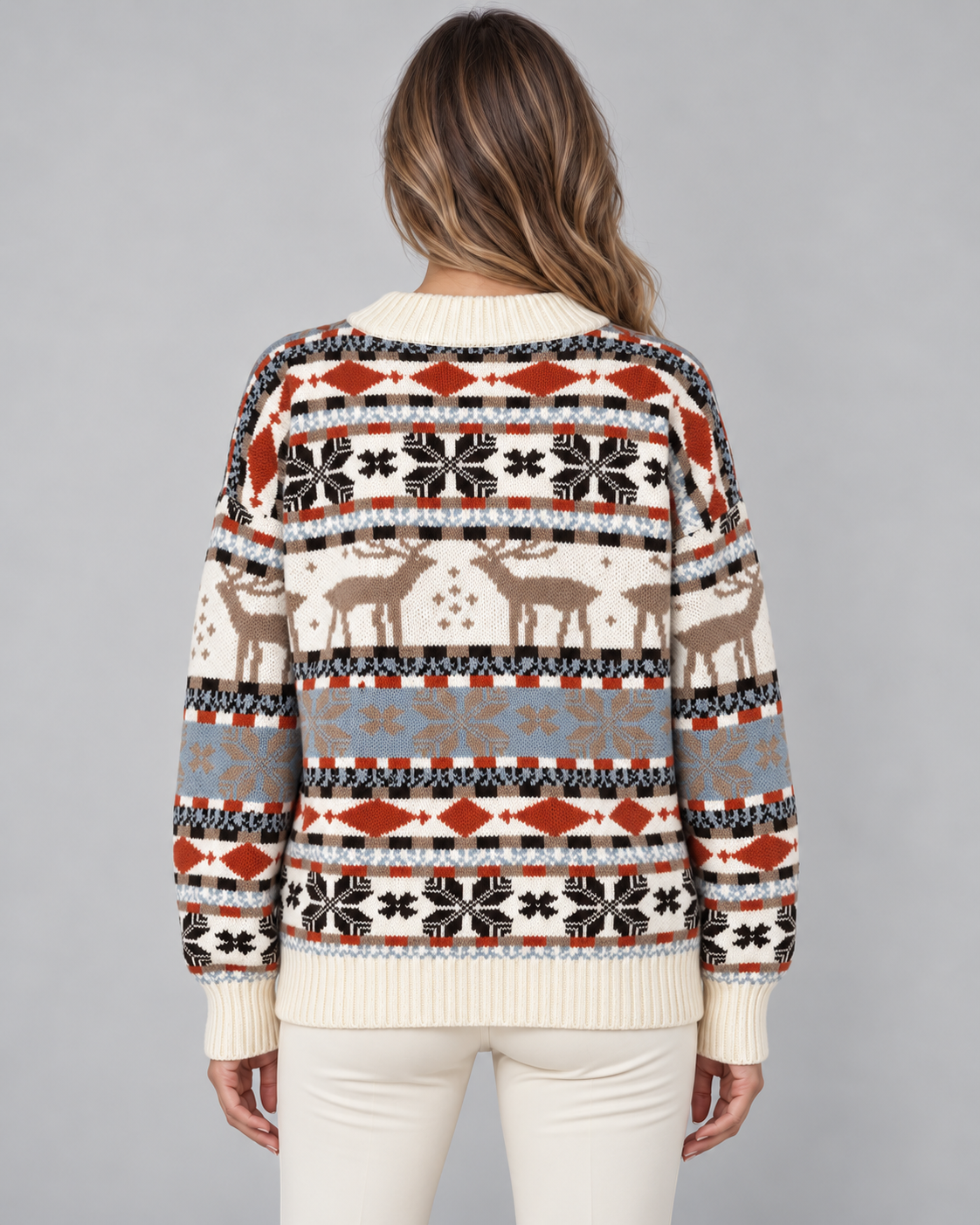 Maglione Natalizio Donna Collo Mock Renne Terracotta e Azzurro