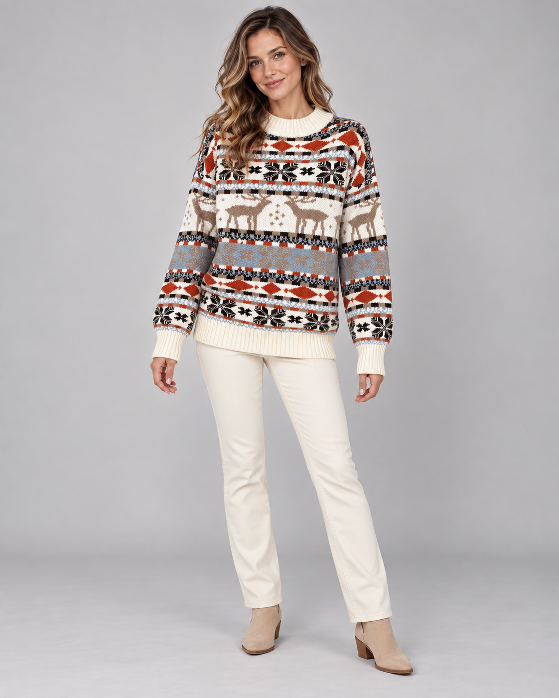 Maglione Natalizio Donna Collo Mock Renne Terracotta e Azzurro