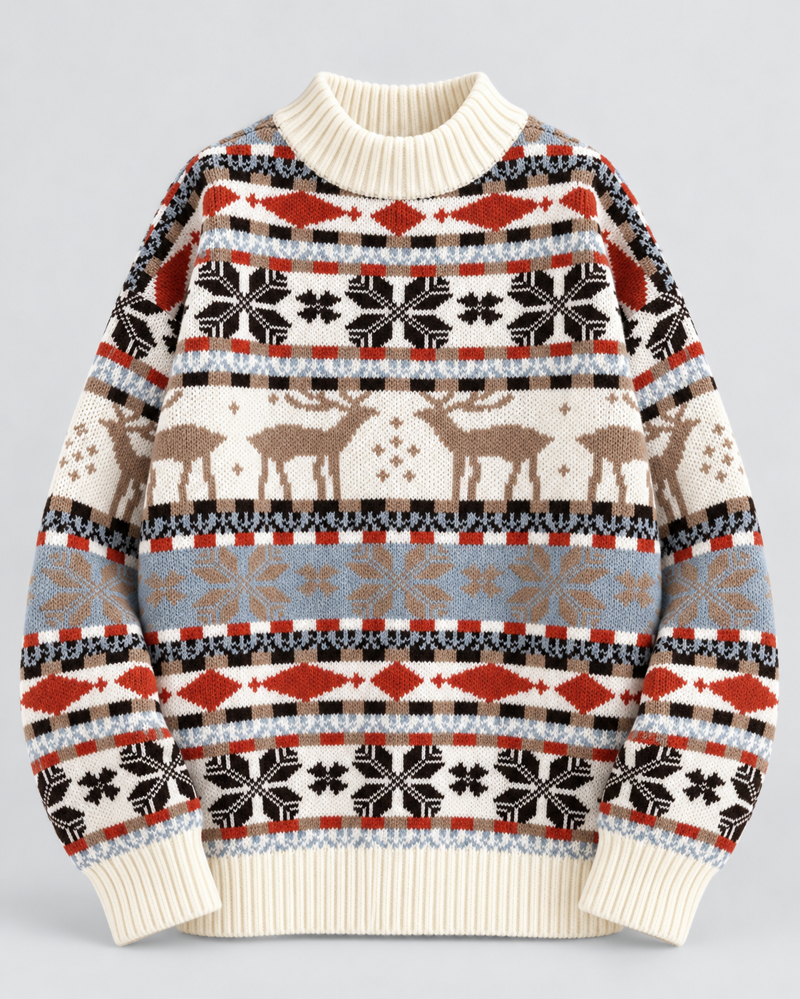 Maglione Natalizio Donna Collo Mock Renne Terracotta e Azzurro