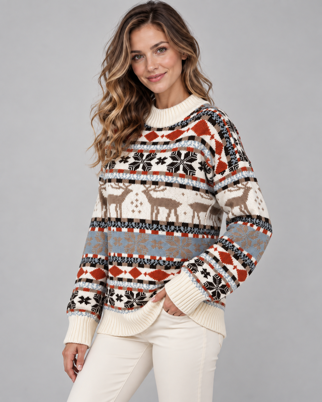 Maglione Natalizio Donna Collo Mock Renne Terracotta e Azzurro