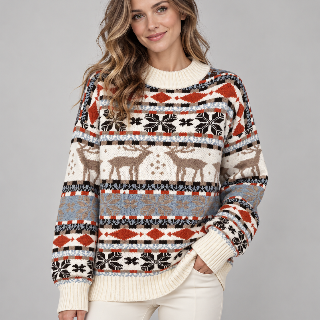 Maglione Natalizio Donna Collo Mock Renne Terracotta e Azzurro