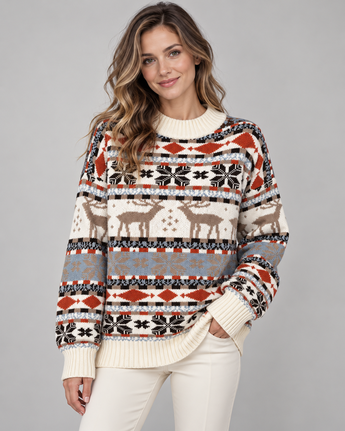 Maglione Natalizio Donna Collo Mock Renne Terracotta e Azzurro