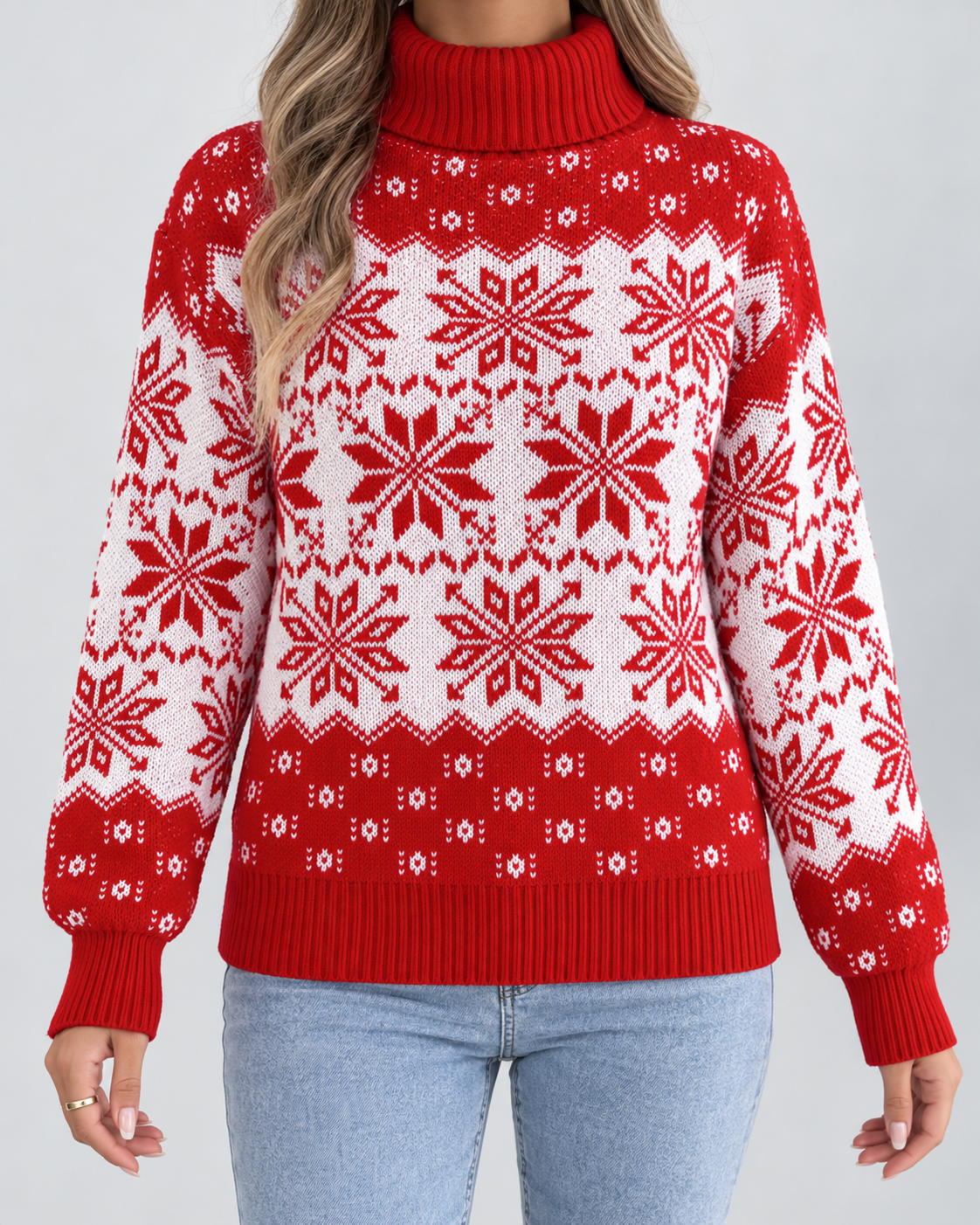 Maglione Natalizio Donna Dolcevita Fiocchi di Neve Integrali