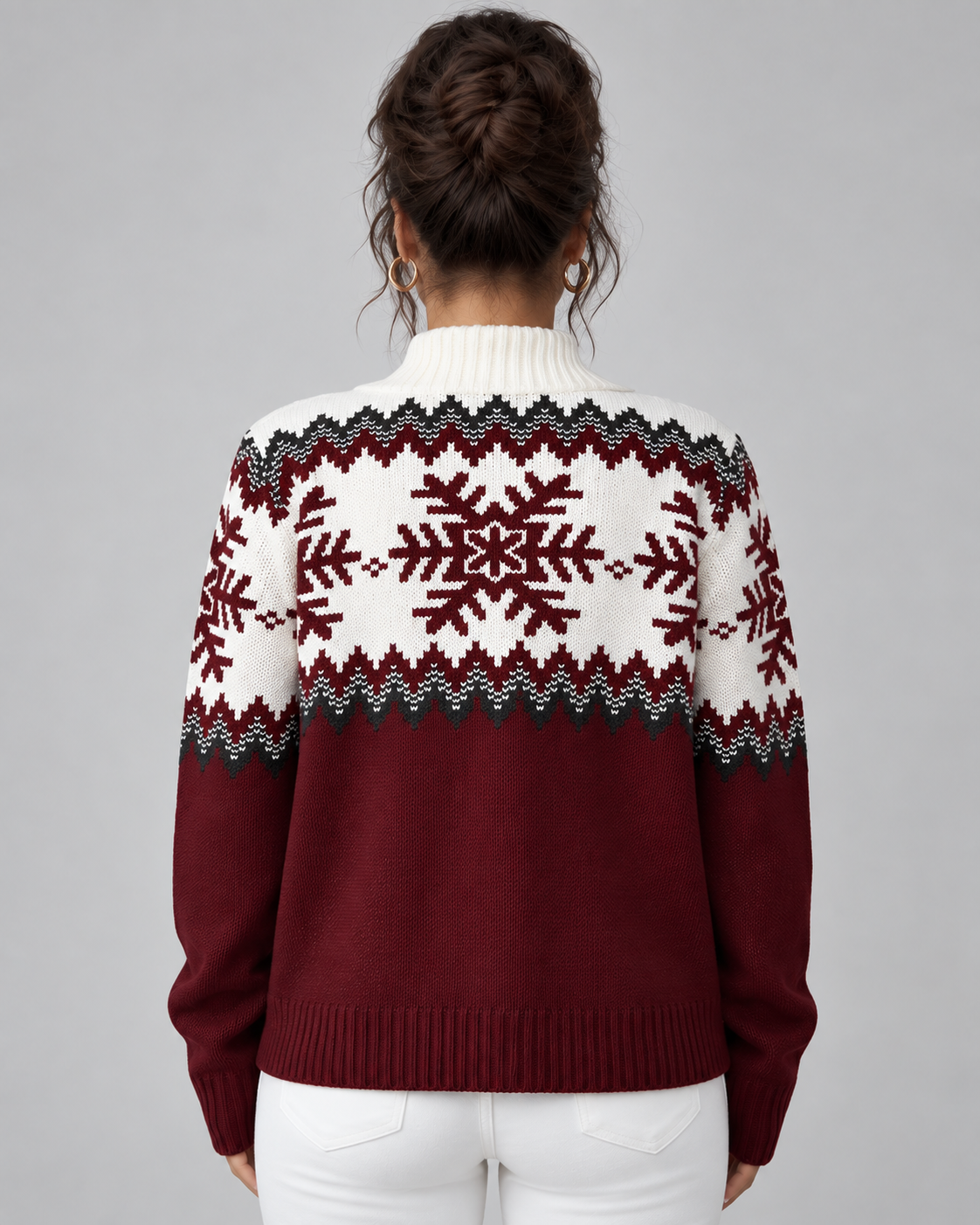 Maglione Donna Fair Isle Mezza Zip Collo a Imbuto Fiocchi di Neve