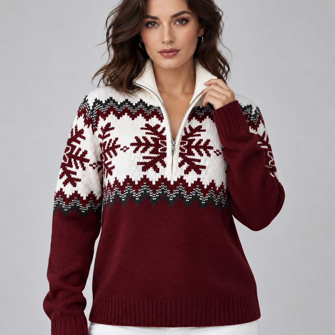 Maglione Donna Fair Isle Mezza Zip Collo a Imbuto Fiocchi di Neve