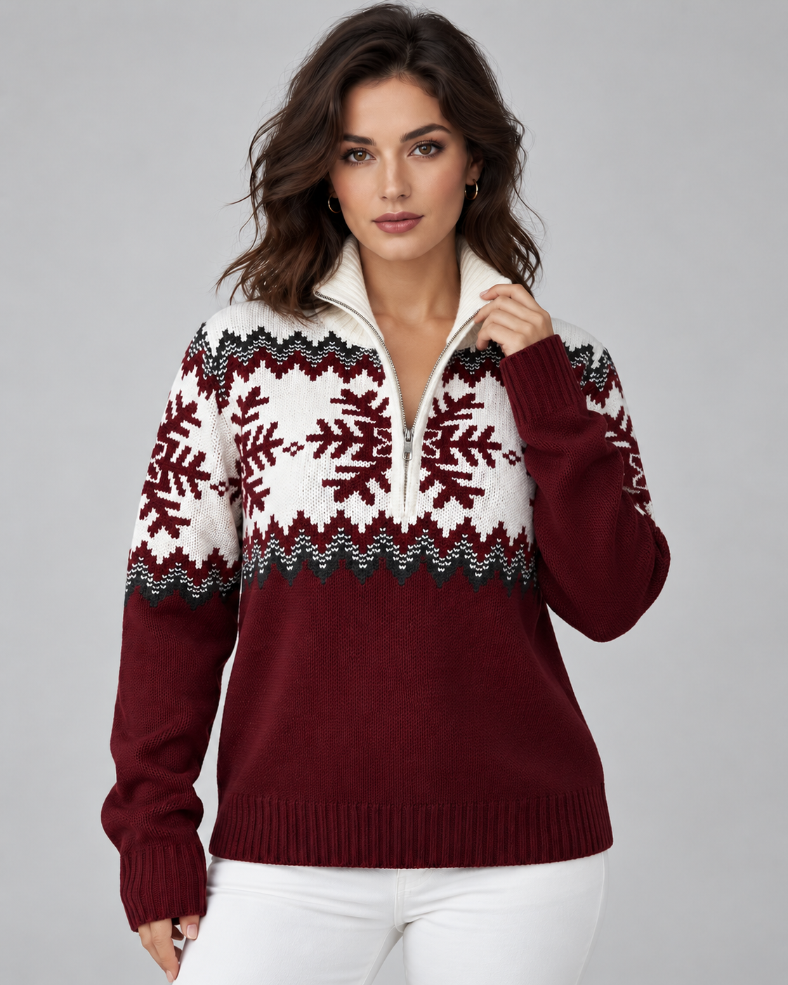 Maglione Donna Fair Isle Mezza Zip Collo a Imbuto Fiocchi di Neve