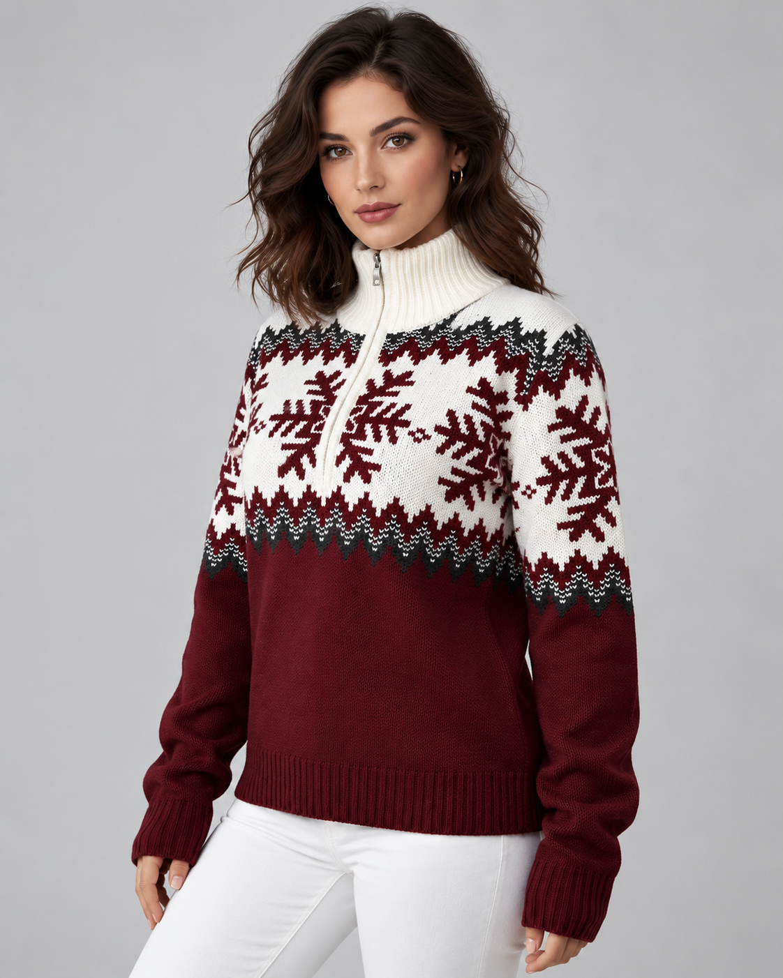 Maglione Donna Fair Isle Mezza Zip Collo a Imbuto Fiocchi di Neve