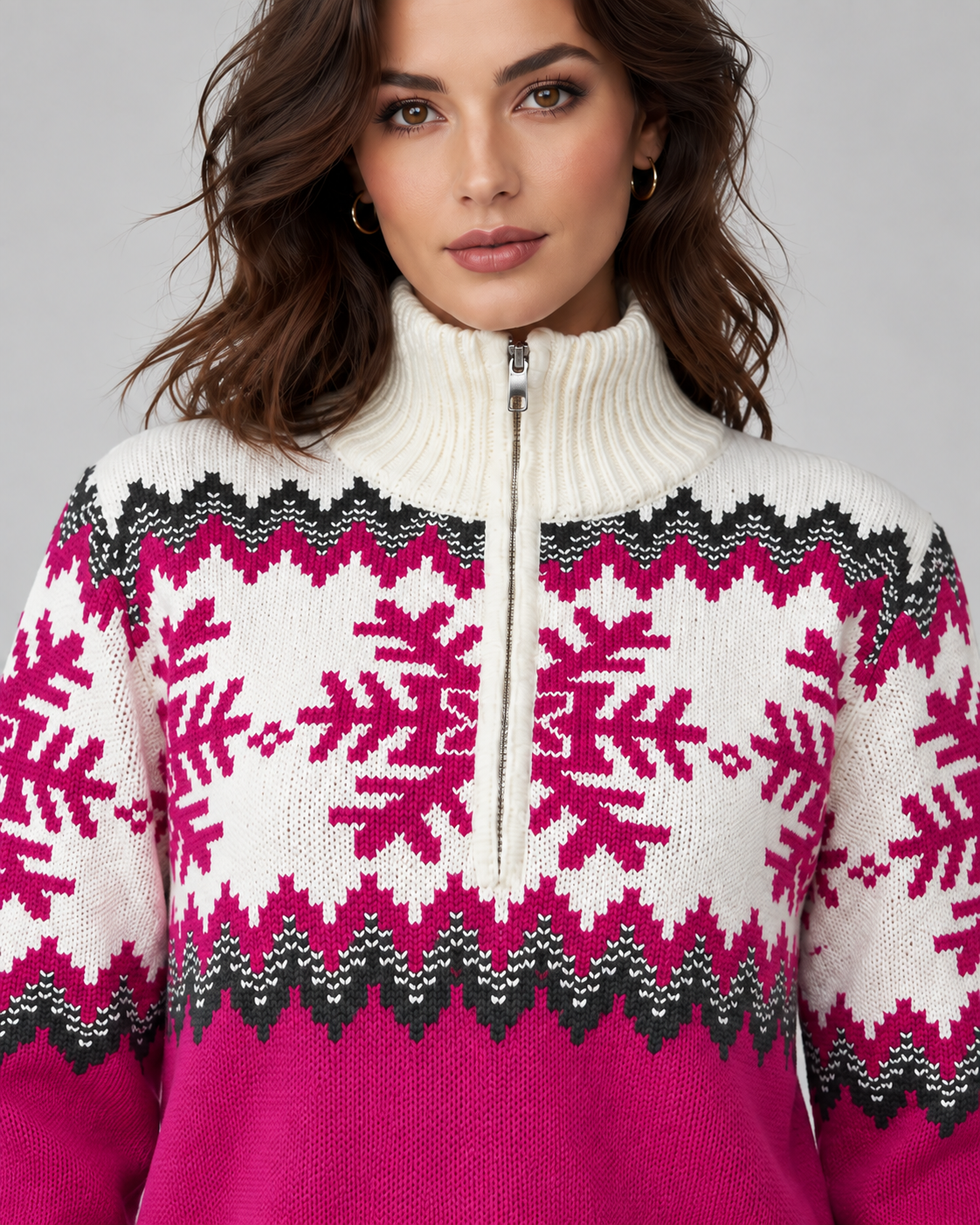Maglione Donna Fair Isle Mezza Zip Collo a Imbuto Fiocchi di Neve