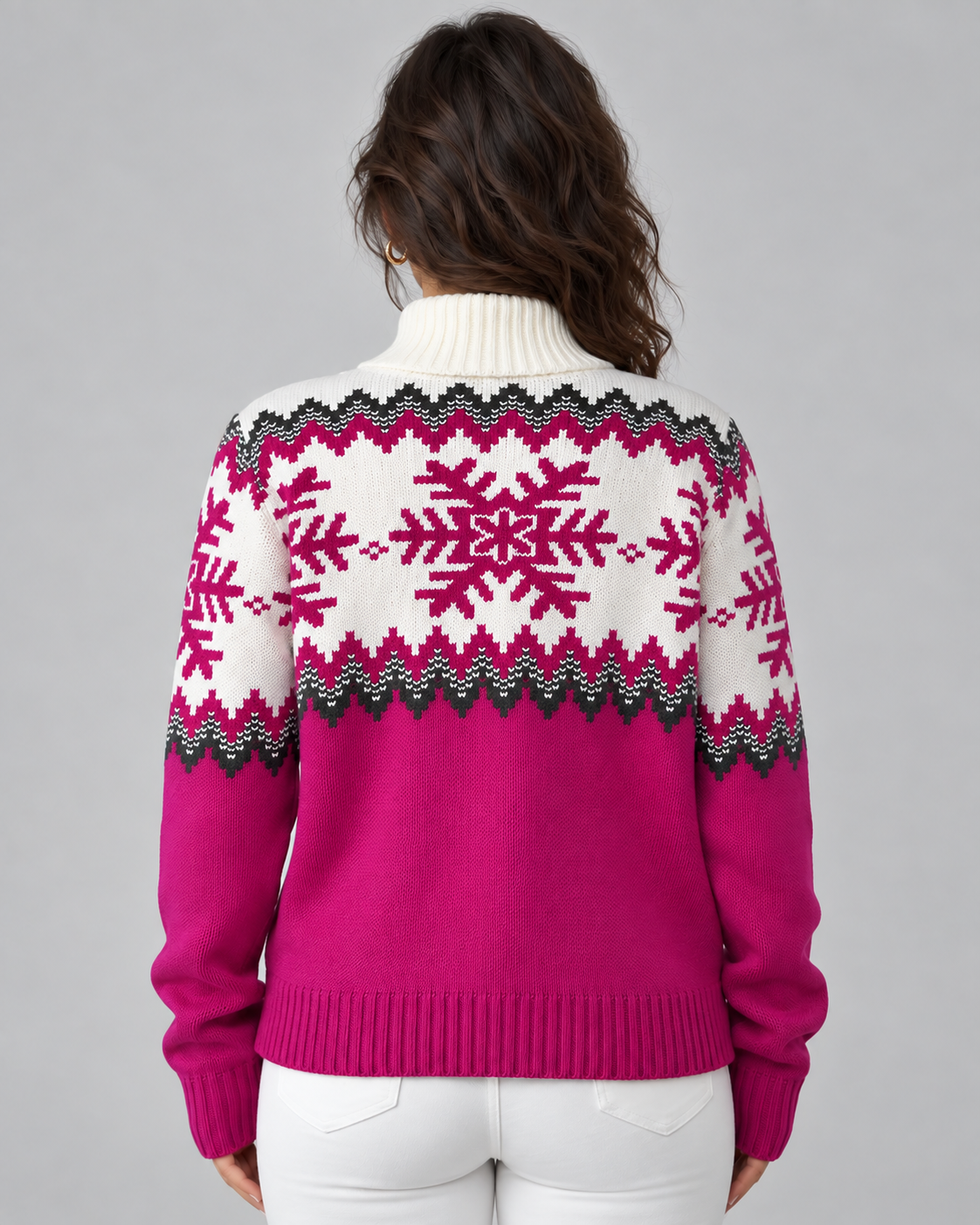 Maglione Donna Fair Isle Mezza Zip Collo a Imbuto Fiocchi di Neve