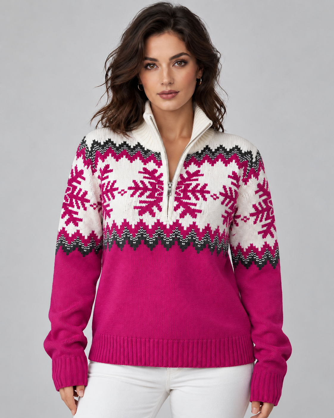 Maglione Donna Fair Isle Mezza Zip Collo a Imbuto Fiocchi di Neve