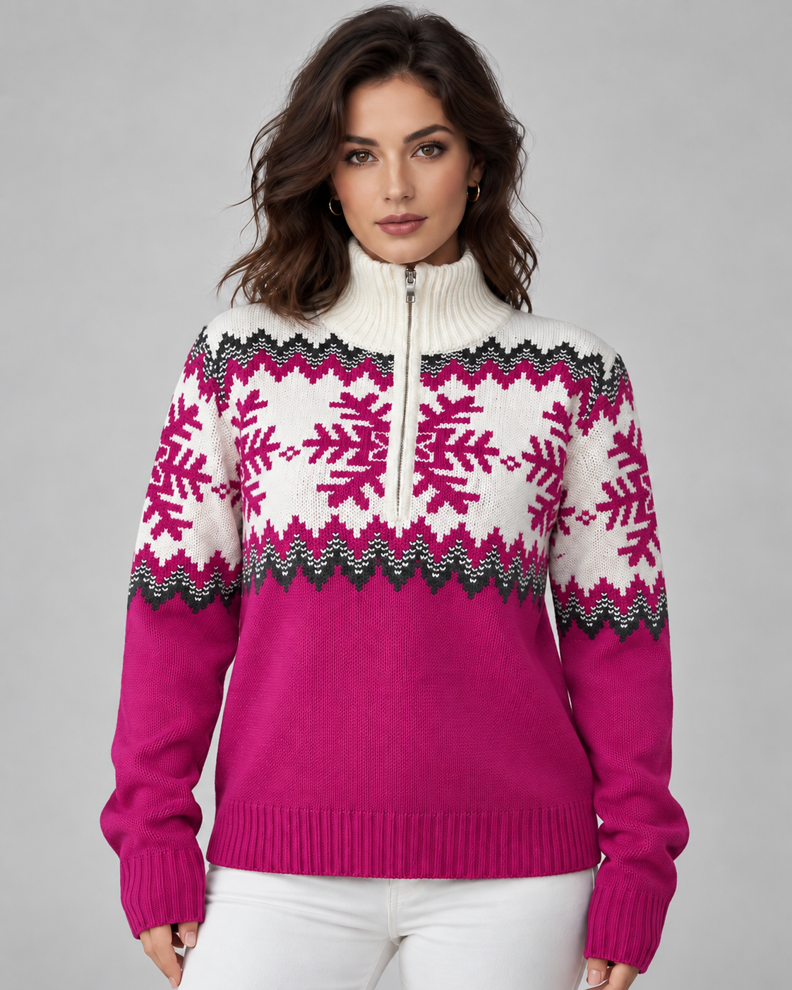 Maglione Donna Fair Isle Mezza Zip Collo a Imbuto Fiocchi di Neve