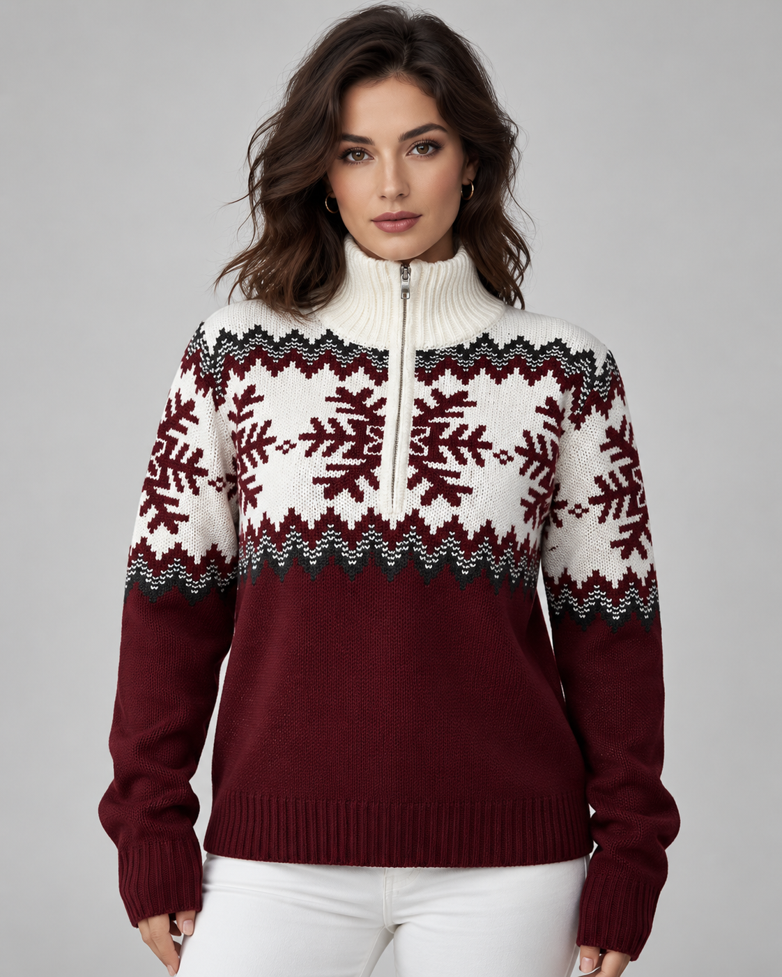 Maglione Donna Fair Isle Mezza Zip Collo a Imbuto Fiocchi di Neve