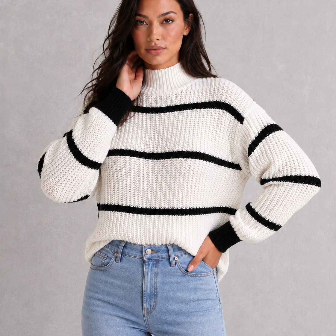 Maglione Donna a Righe Collo Mock Maniche a Lanterna