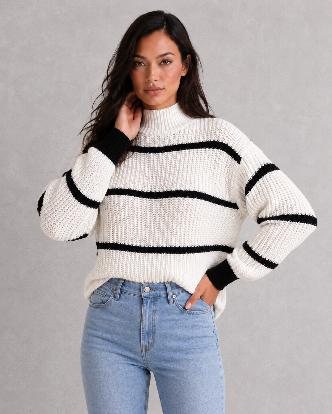 Maglione Donna a Righe Collo Mock Maniche a Lanterna