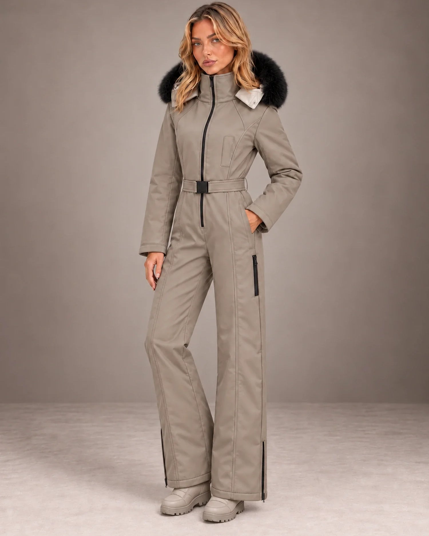 Tuta da Sci Donna Intera Cappuccio Pelliccia Sintetica Stile Utility