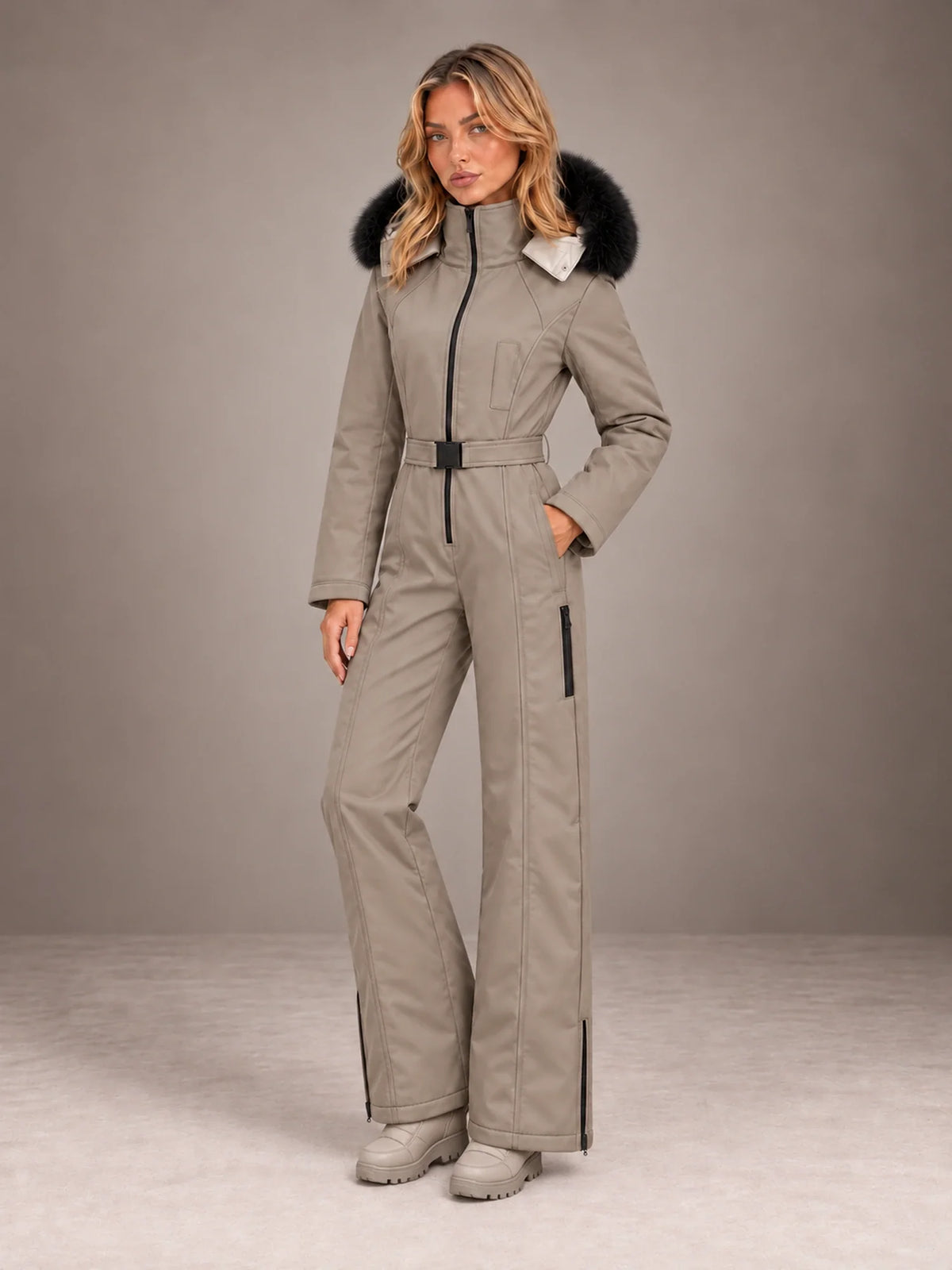 Tuta da Sci Donna Intera Cappuccio Pelliccia Sintetica Stile Utility
