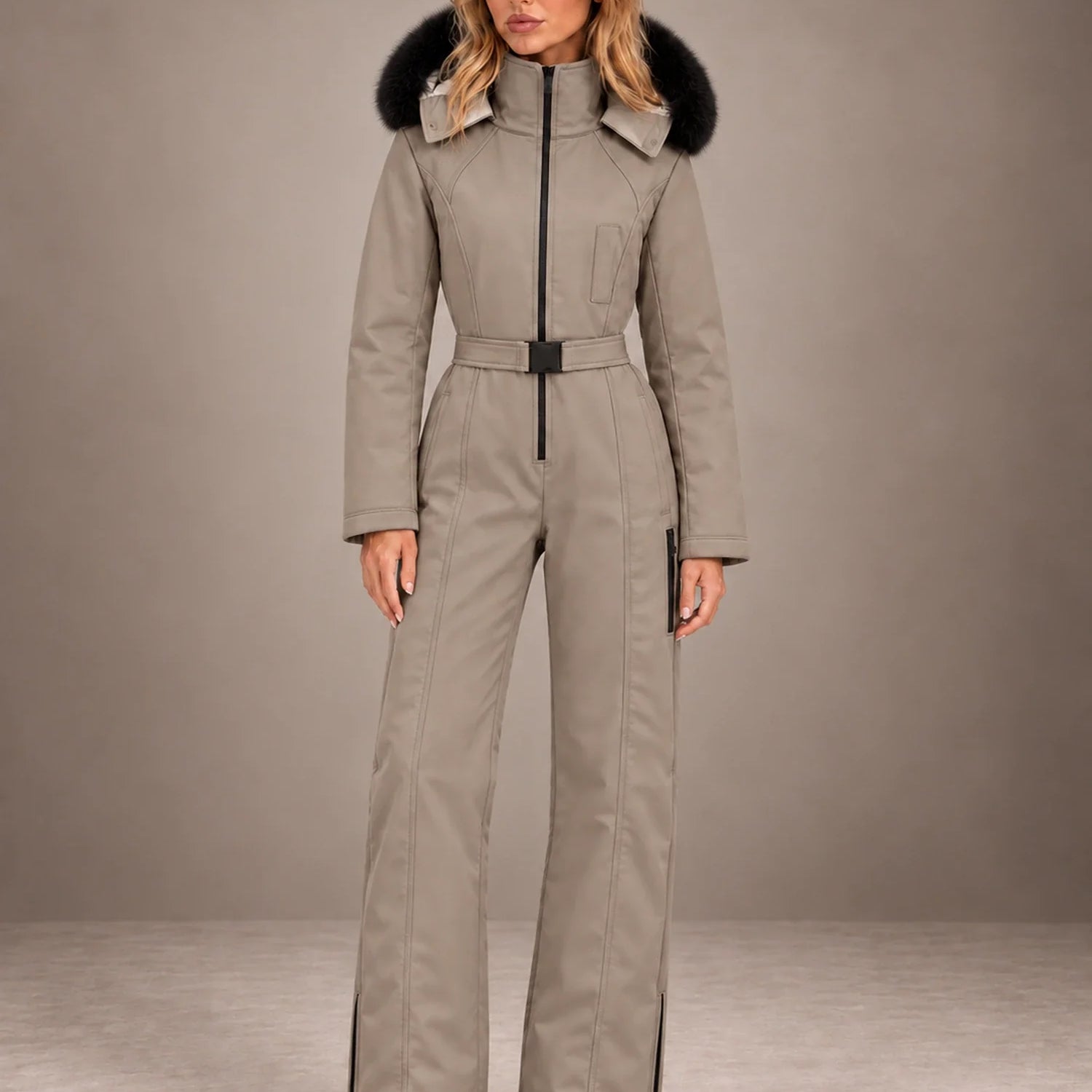 Tuta da Sci Donna Intera Cappuccio Pelliccia Sintetica Stile Utility