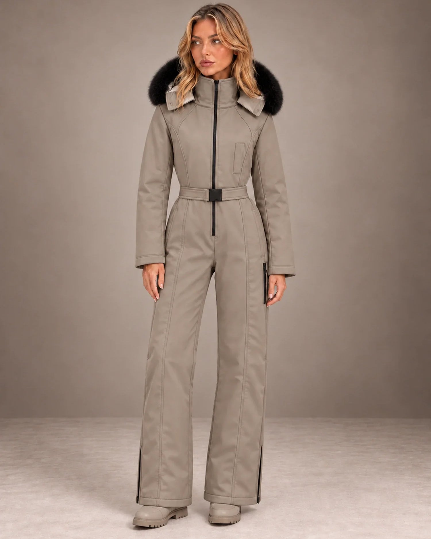Tuta da Sci Donna Intera Cappuccio Pelliccia Sintetica Stile Utility