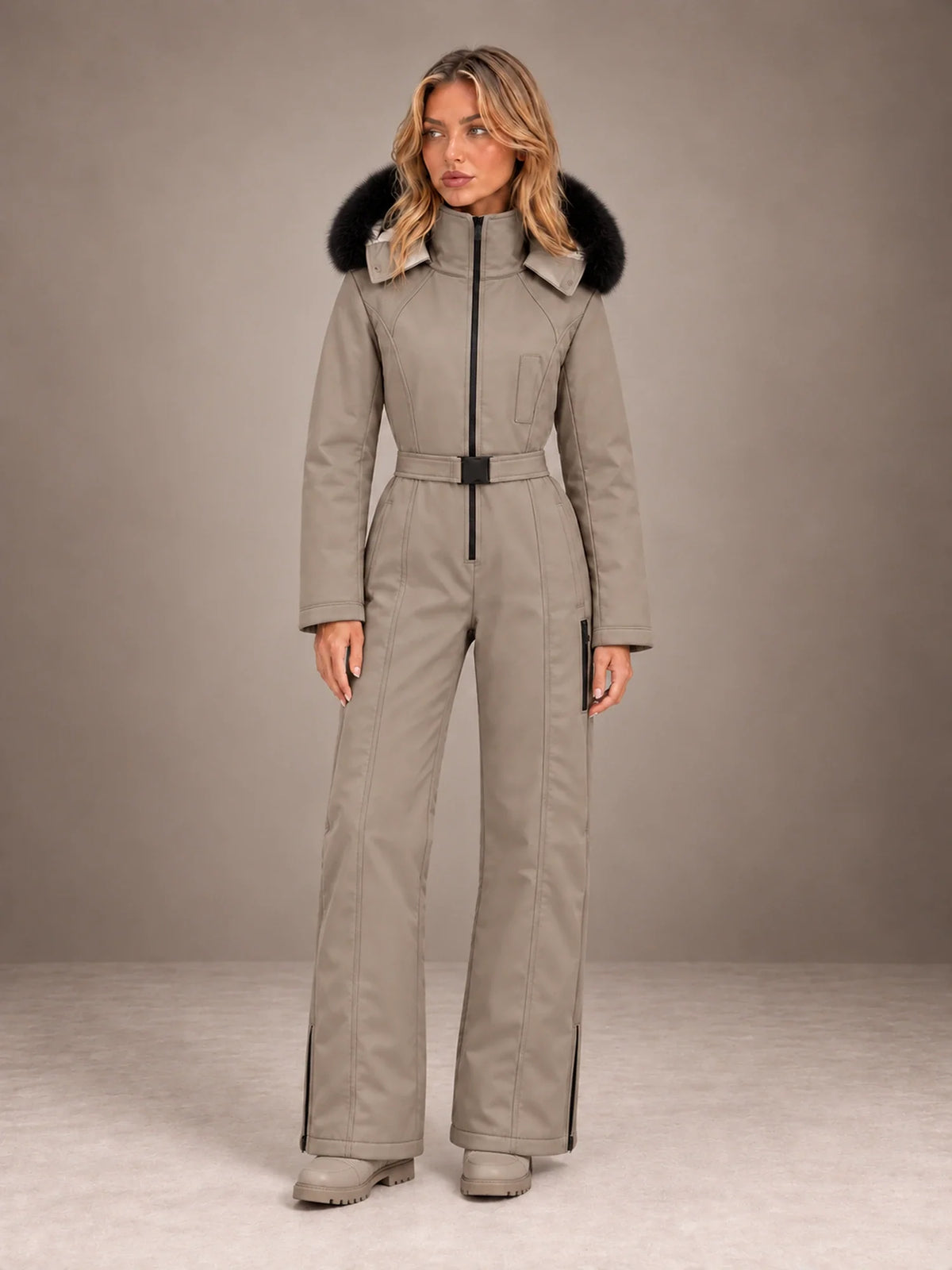 Tuta da Sci Donna Intera Cappuccio Pelliccia Sintetica Stile Utility