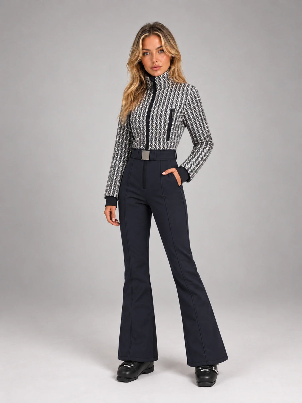 Tuta da Sci Donna Intera Effetto Tweed con Cintura Elegante